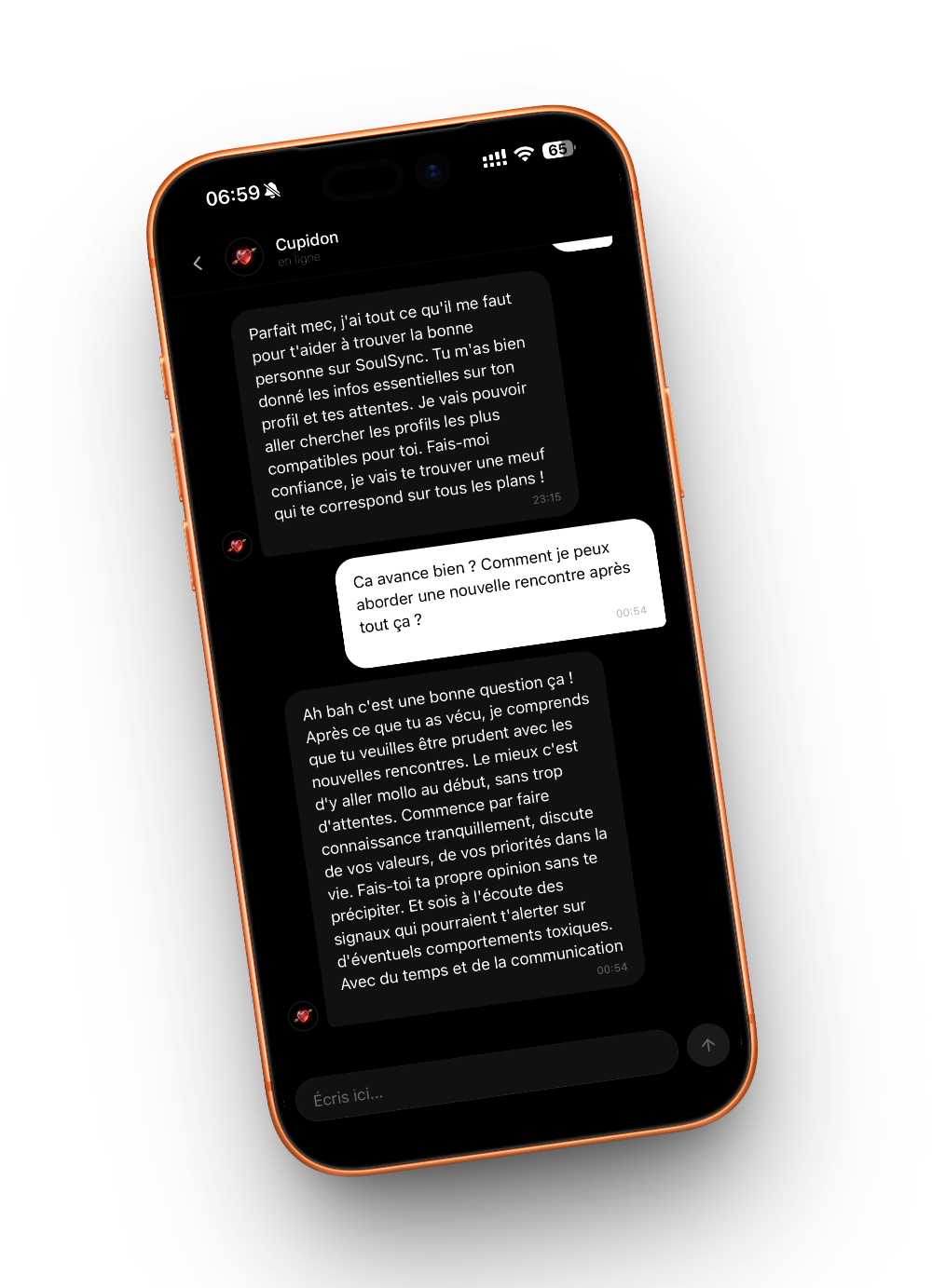 Conversation avec Cupidon dans l'application Soulsync